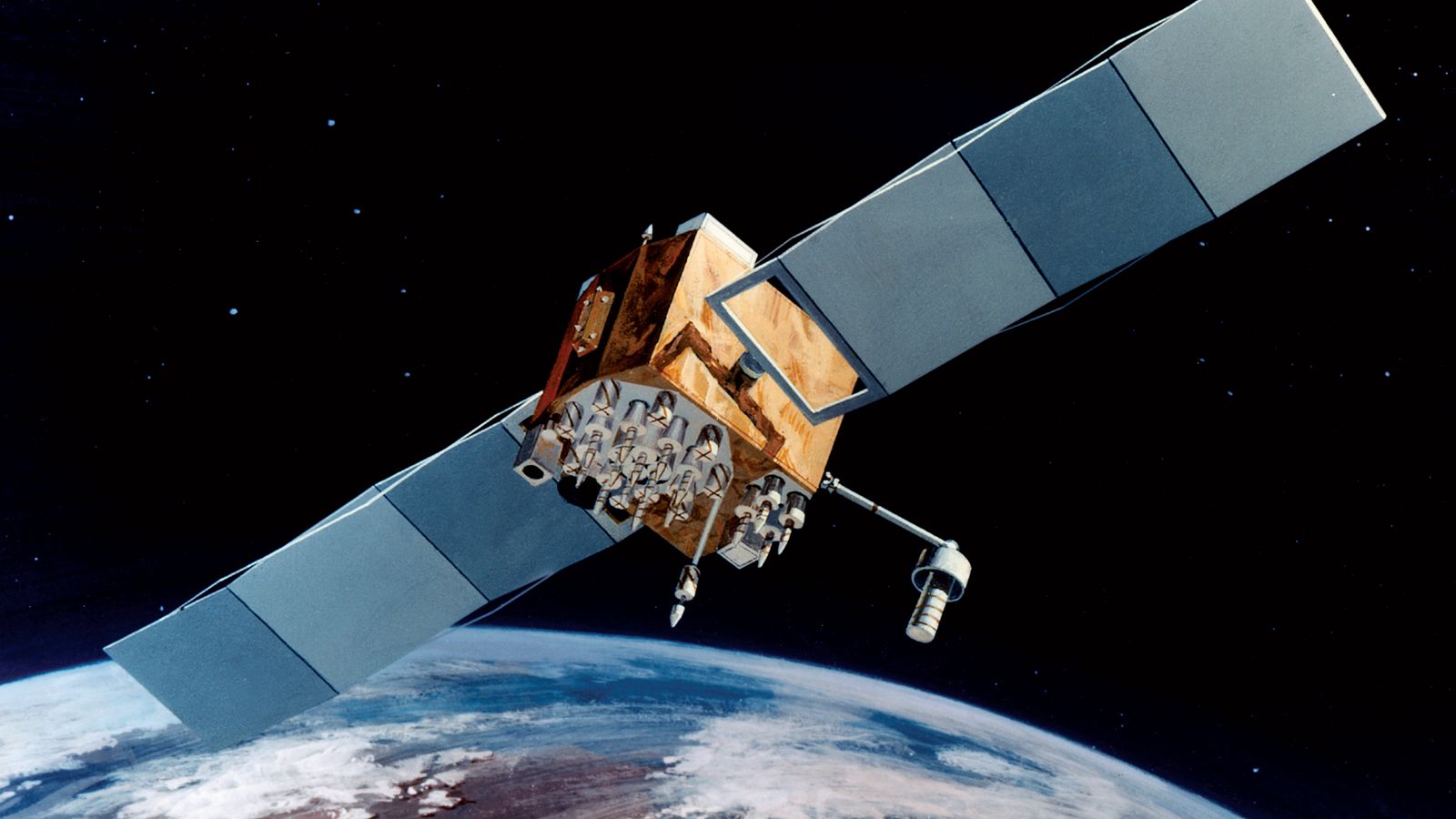 Illustration of a GPS satellite with long solar panels in orbit above the Earth