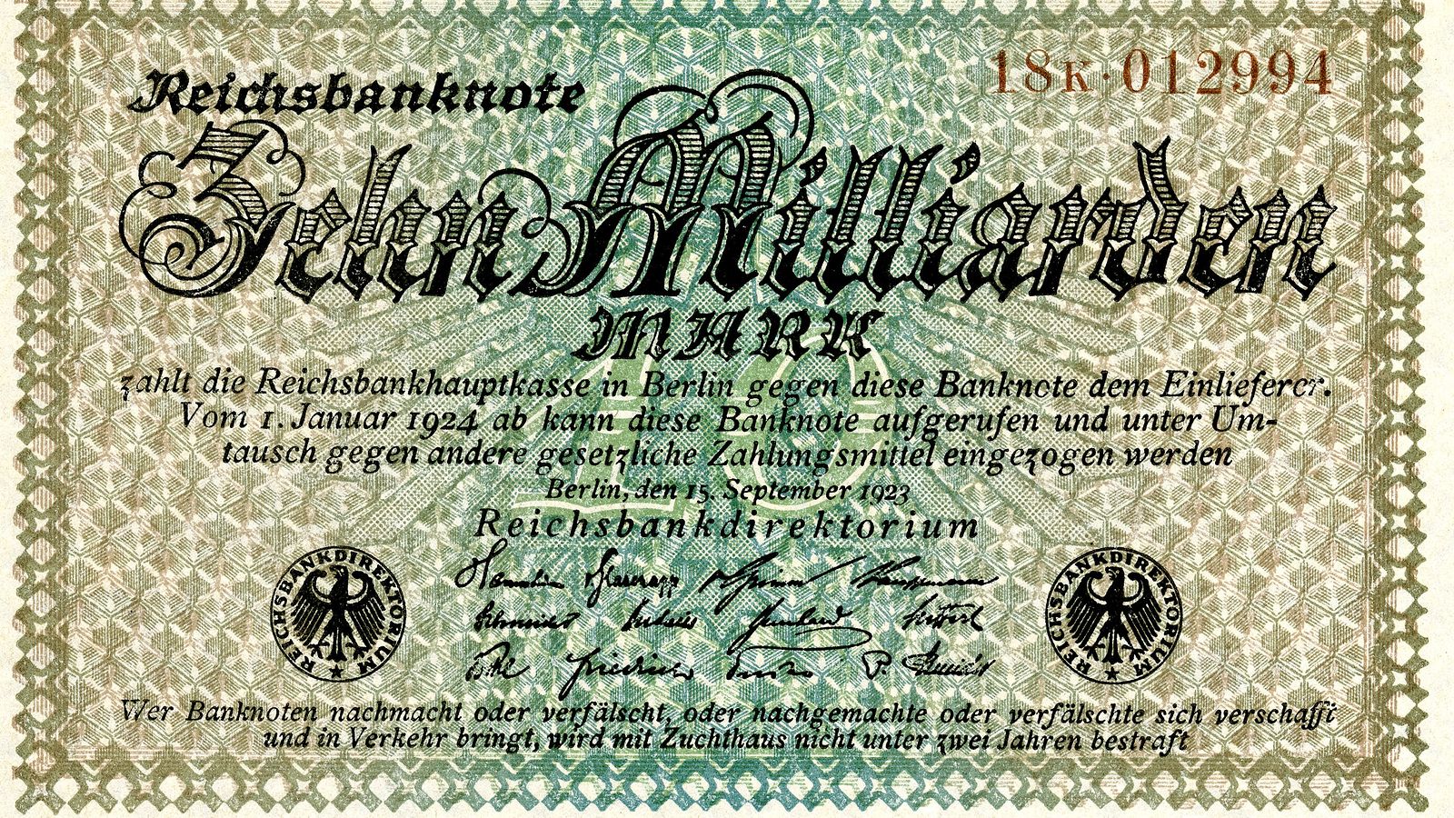 A German banknote from 1923 printed with the value Zehn Milliarden Mark, ten billion marks