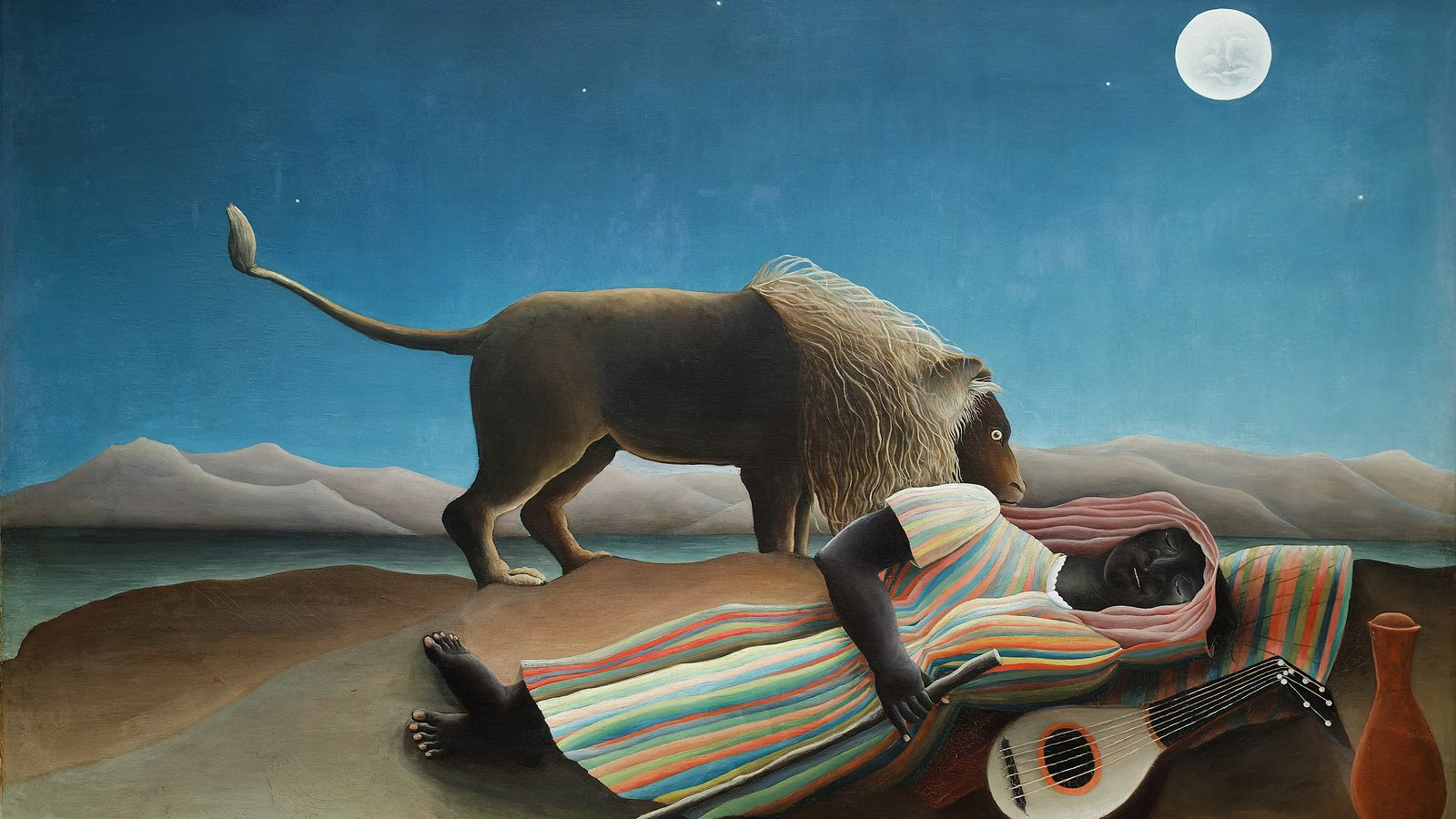 A woman asleep in the desert at night while a lion stands over her